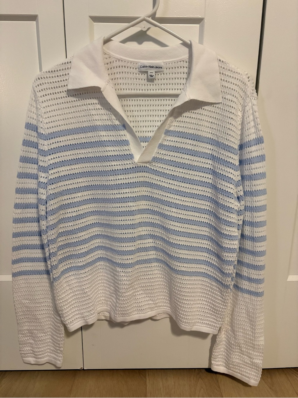 Calvin Klein Jeans White and Light Blue Striped V‑Neck Collared Sweater